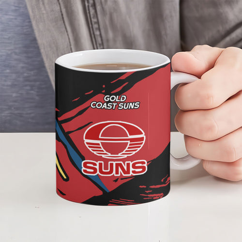 Gold Coast Suns Ceramic Mug Suns Muscular Mascot Graphic - Abstract Paint Splatter Art