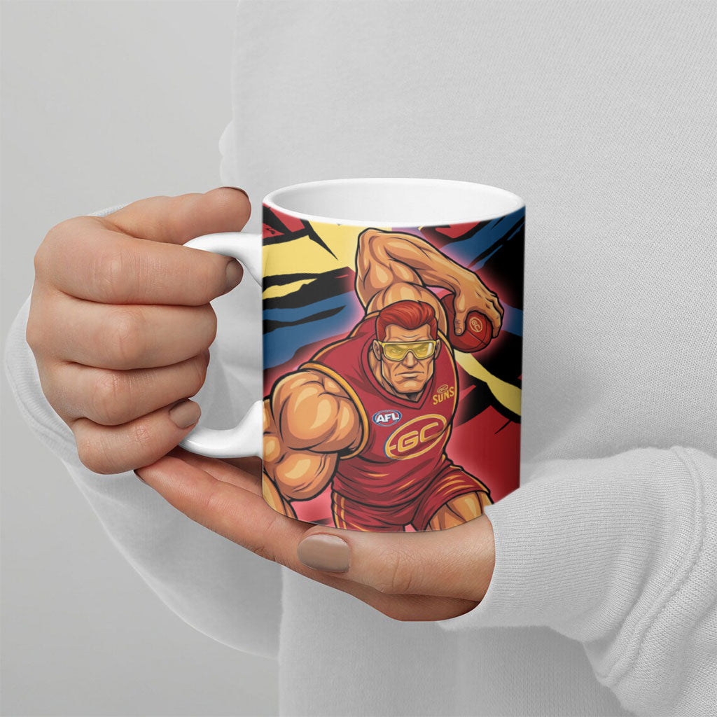 Gold Coast Suns Ceramic Mug Suns Muscular Mascot Graphic - Abstract Paint Splatter Art