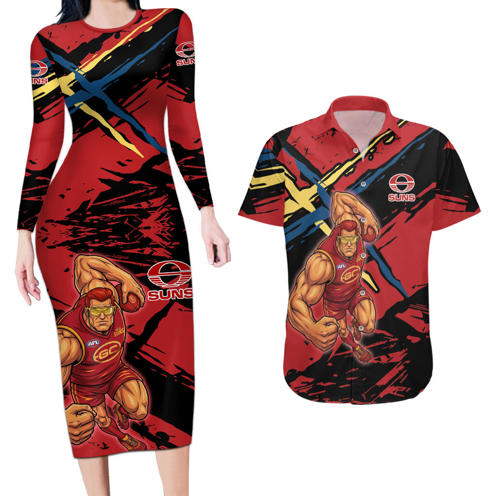 Gold Coast Suns Couples Matching Long Sleeve Bodycon Dress and Hawaiian Shirt Suns Muscular Mascot Graphic - Abstract Paint Splatter Art