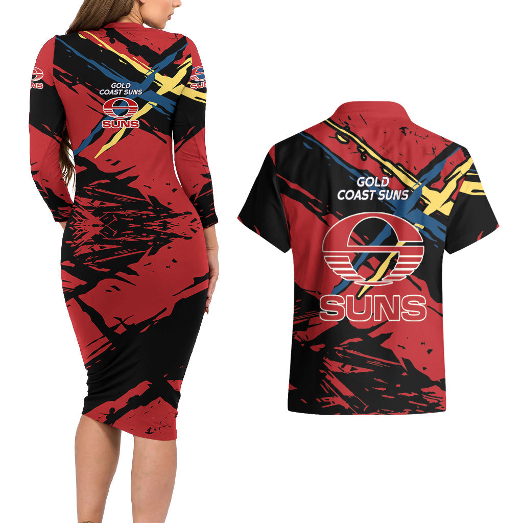Gold Coast Suns Couples Matching Long Sleeve Bodycon Dress and Hawaiian Shirt Suns Muscular Mascot Graphic - Abstract Paint Splatter Art