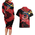 Gold Coast Suns Couples Matching Long Sleeve Bodycon Dress and Hawaiian Shirt Suns Muscular Mascot Graphic - Abstract Paint Splatter Art