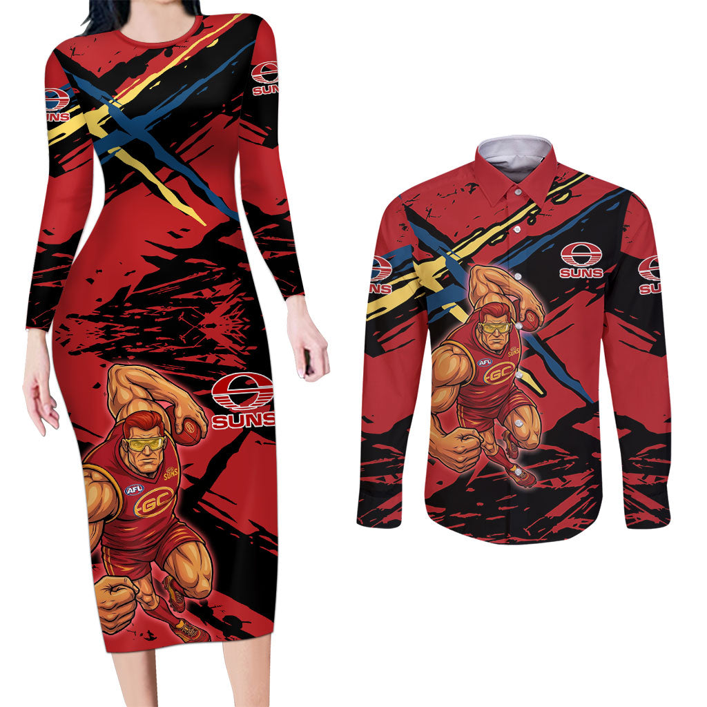 Gold Coast Suns Couples Matching Long Sleeve Bodycon Dress and Long Sleeve Button Shirt Suns Muscular Mascot Graphic - Abstract Paint Splatter Art