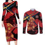Gold Coast Suns Couples Matching Long Sleeve Bodycon Dress and Long Sleeve Button Shirt Suns Muscular Mascot Graphic - Abstract Paint Splatter Art