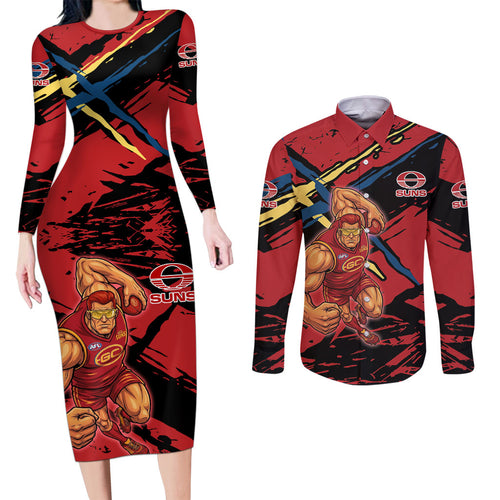 Gold Coast Suns Couples Matching Long Sleeve Bodycon Dress and Long Sleeve Button Shirt Suns Muscular Mascot Graphic - Abstract Paint Splatter Art