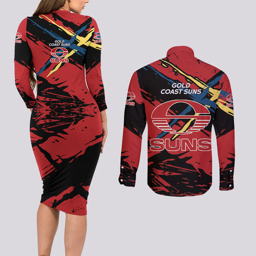 Gold Coast Suns Couples Matching Long Sleeve Bodycon Dress and Long Sleeve Button Shirt Suns Muscular Mascot Graphic - Abstract Paint Splatter Art