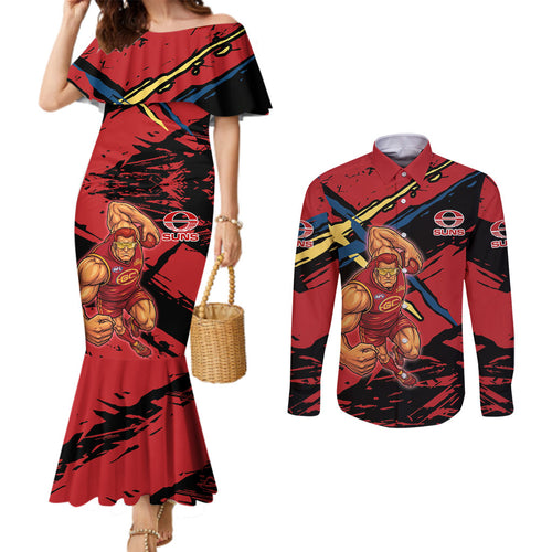 Gold Coast Suns Couples Matching Mermaid Dress and Long Sleeve Button Shirt Suns Muscular Mascot Graphic - Abstract Paint Splatter Art