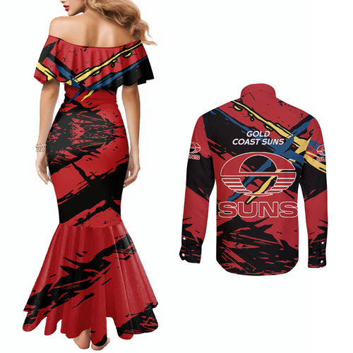 Gold Coast Suns Couples Matching Mermaid Dress and Long Sleeve Button Shirt Suns Muscular Mascot Graphic - Abstract Paint Splatter Art