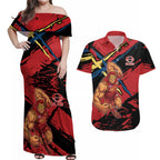 Gold Coast Suns Couples Matching Off Shoulder Maxi Dress and Hawaiian Shirt Suns Muscular Mascot Graphic - Abstract Paint Splatter Art