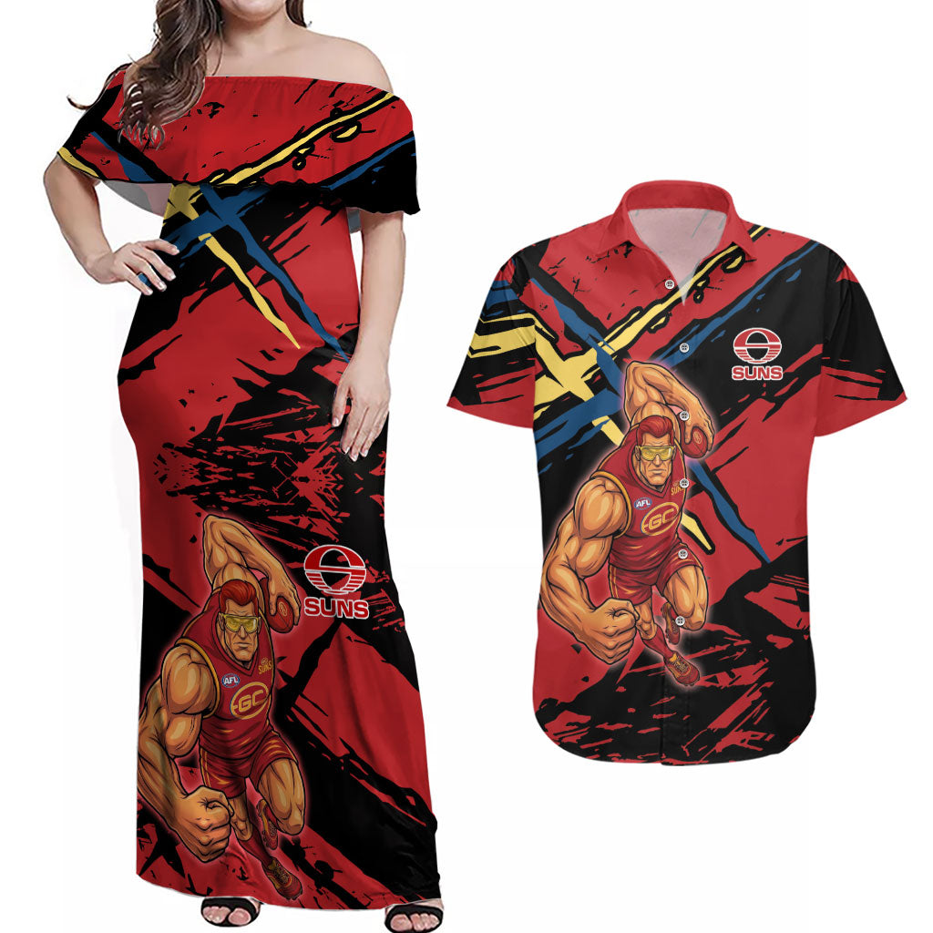 Gold Coast Suns Couples Matching Off Shoulder Maxi Dress and Hawaiian Shirt Suns Muscular Mascot Graphic - Abstract Paint Splatter Art