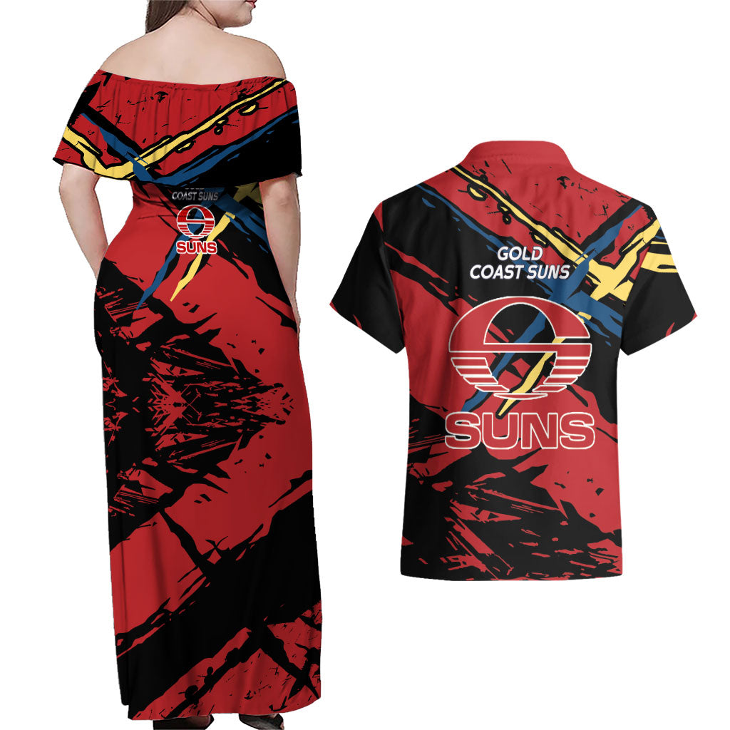 Gold Coast Suns Couples Matching Off Shoulder Maxi Dress and Hawaiian Shirt Suns Muscular Mascot Graphic - Abstract Paint Splatter Art