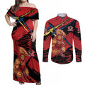 Gold Coast Suns Couples Matching Off Shoulder Maxi Dress and Long Sleeve Button Shirt Suns Muscular Mascot Graphic - Abstract Paint Splatter Art