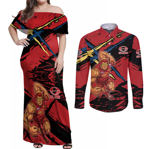 Gold Coast Suns Couples Matching Off Shoulder Maxi Dress and Long Sleeve Button Shirt Suns Muscular Mascot Graphic - Abstract Paint Splatter Art