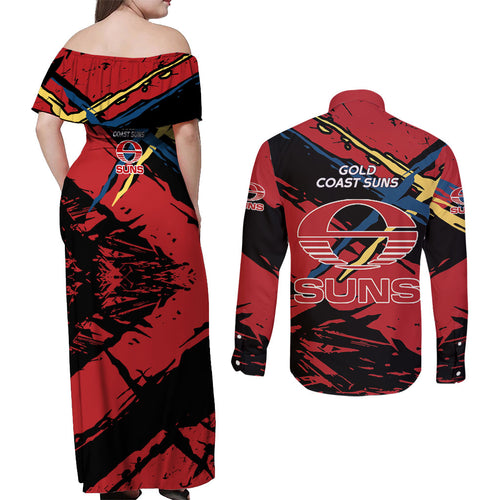 Gold Coast Suns Couples Matching Off Shoulder Maxi Dress and Long Sleeve Button Shirt Suns Muscular Mascot Graphic - Abstract Paint Splatter Art