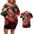Gold Coast Suns Couples Matching Off Shoulder Short Dress and Hawaiian Shirt Suns Muscular Mascot Graphic - Abstract Paint Splatter Art