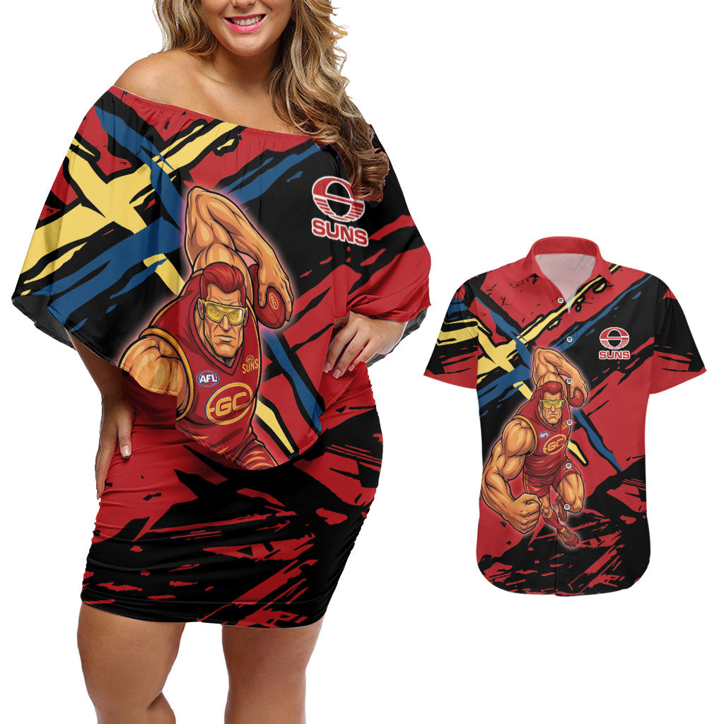Gold Coast Suns Couples Matching Off Shoulder Short Dress and Hawaiian Shirt Suns Muscular Mascot Graphic - Abstract Paint Splatter Art