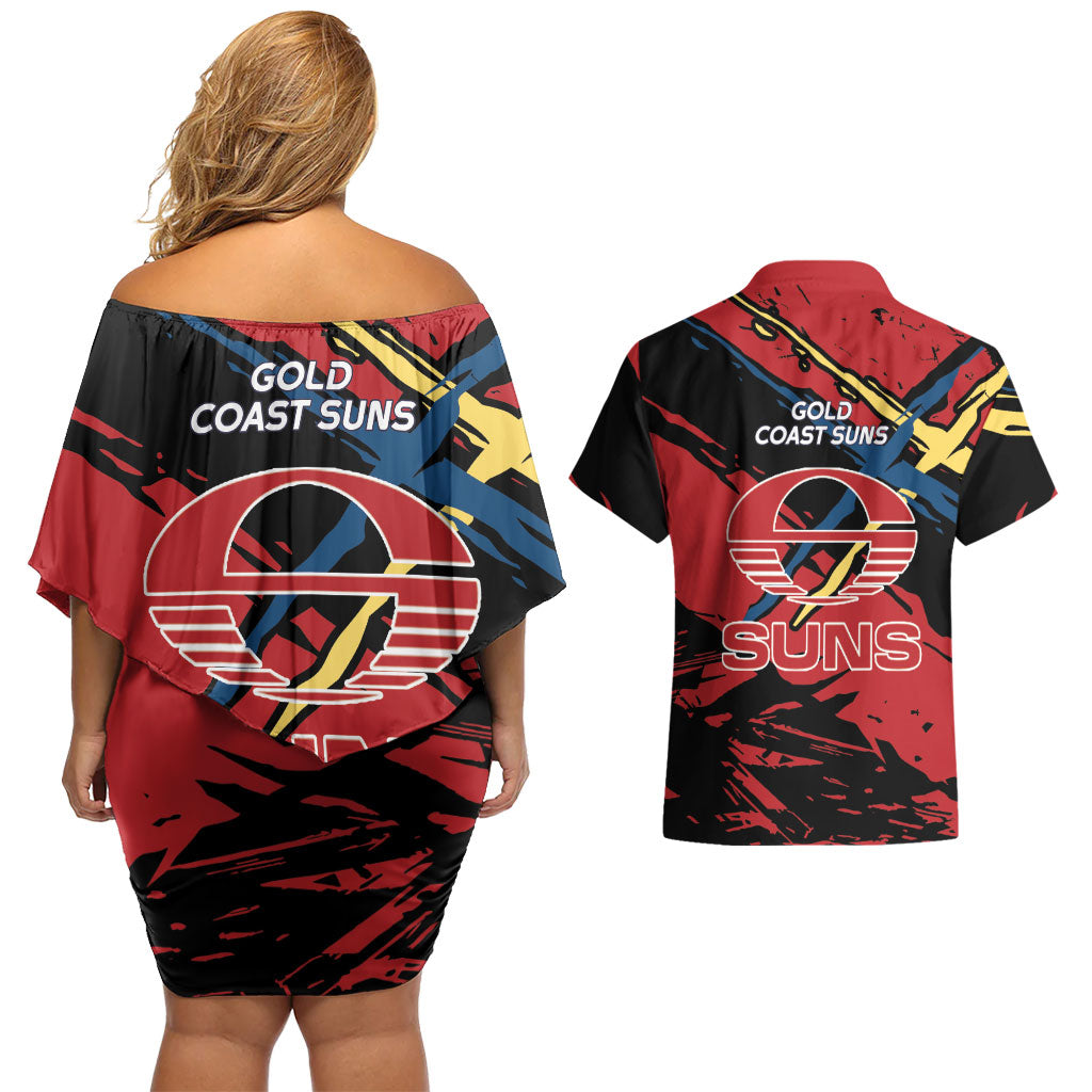 Gold Coast Suns Couples Matching Off Shoulder Short Dress and Hawaiian Shirt Suns Muscular Mascot Graphic - Abstract Paint Splatter Art
