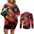 Gold Coast Suns Couples Matching Off Shoulder Short Dress and Long Sleeve Button Shirt Suns Muscular Mascot Graphic - Abstract Paint Splatter Art