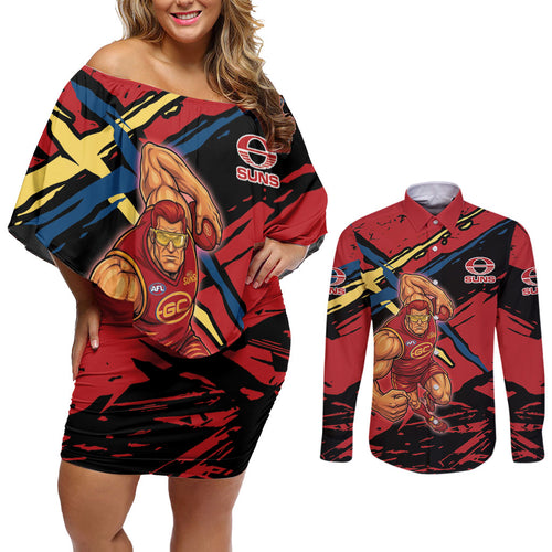 Gold Coast Suns Couples Matching Off Shoulder Short Dress and Long Sleeve Button Shirt Suns Muscular Mascot Graphic - Abstract Paint Splatter Art