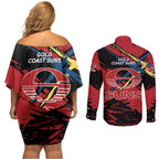 Gold Coast Suns Couples Matching Off Shoulder Short Dress and Long Sleeve Button Shirt Suns Muscular Mascot Graphic - Abstract Paint Splatter Art