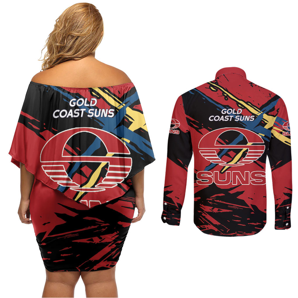Gold Coast Suns Couples Matching Off Shoulder Short Dress and Long Sleeve Button Shirt Suns Muscular Mascot Graphic - Abstract Paint Splatter Art