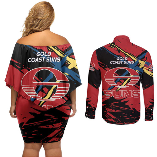 Gold Coast Suns Couples Matching Off Shoulder Short Dress and Long Sleeve Button Shirt Suns Muscular Mascot Graphic - Abstract Paint Splatter Art