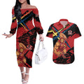 Gold Coast Suns Couples Matching Off The Shoulder Long Sleeve Dress and Hawaiian Shirt Suns Muscular Mascot Graphic - Abstract Paint Splatter Art