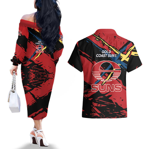 Gold Coast Suns Couples Matching Off The Shoulder Long Sleeve Dress and Hawaiian Shirt Suns Muscular Mascot Graphic - Abstract Paint Splatter Art