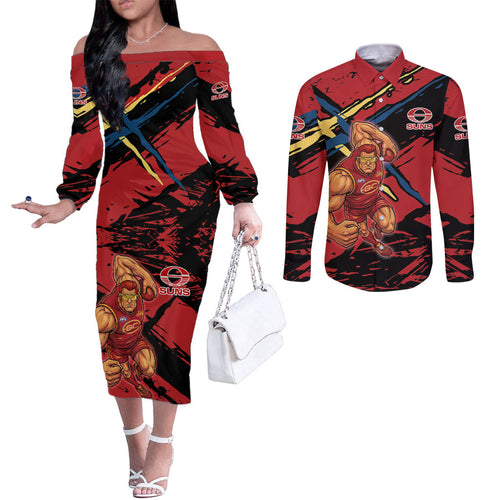 Gold Coast Suns Couples Matching Off The Shoulder Long Sleeve Dress and Long Sleeve Button Shirt Suns Muscular Mascot Graphic - Abstract Paint Splatter Art