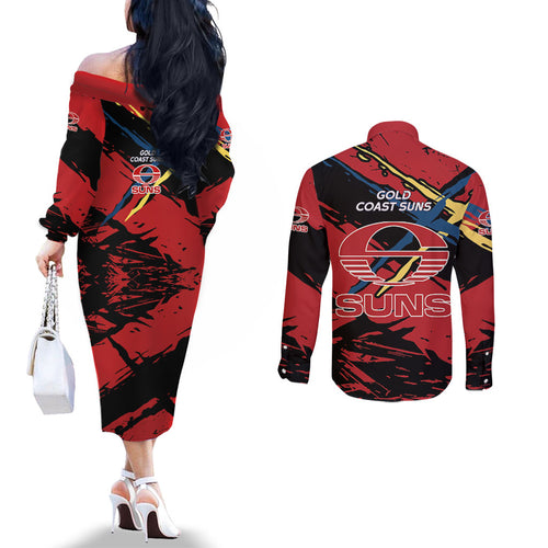 Gold Coast Suns Couples Matching Off The Shoulder Long Sleeve Dress and Long Sleeve Button Shirt Suns Muscular Mascot Graphic - Abstract Paint Splatter Art
