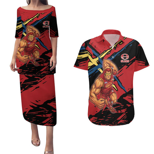 Gold Coast Suns Couples Matching Puletasi and Hawaiian Shirt Suns Muscular Mascot Graphic - Abstract Paint Splatter Art