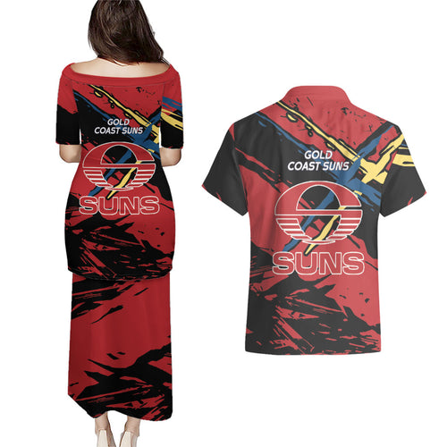 Gold Coast Suns Couples Matching Puletasi and Hawaiian Shirt Suns Muscular Mascot Graphic - Abstract Paint Splatter Art