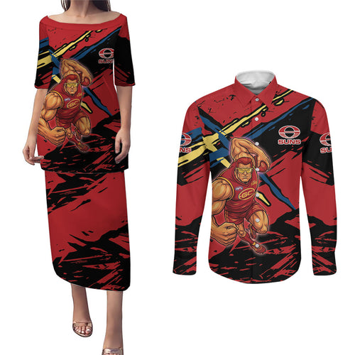 Gold Coast Suns Couples Matching Puletasi and Long Sleeve Button Shirt Suns Muscular Mascot Graphic - Abstract Paint Splatter Art
