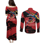 Gold Coast Suns Couples Matching Puletasi and Long Sleeve Button Shirt Suns Muscular Mascot Graphic - Abstract Paint Splatter Art
