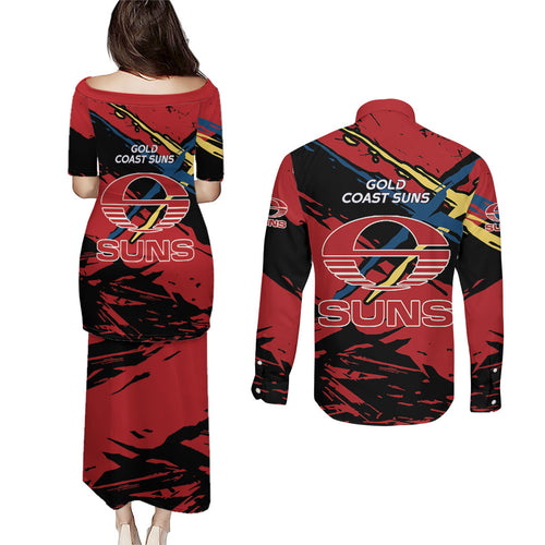 Gold Coast Suns Couples Matching Puletasi and Long Sleeve Button Shirt Suns Muscular Mascot Graphic - Abstract Paint Splatter Art