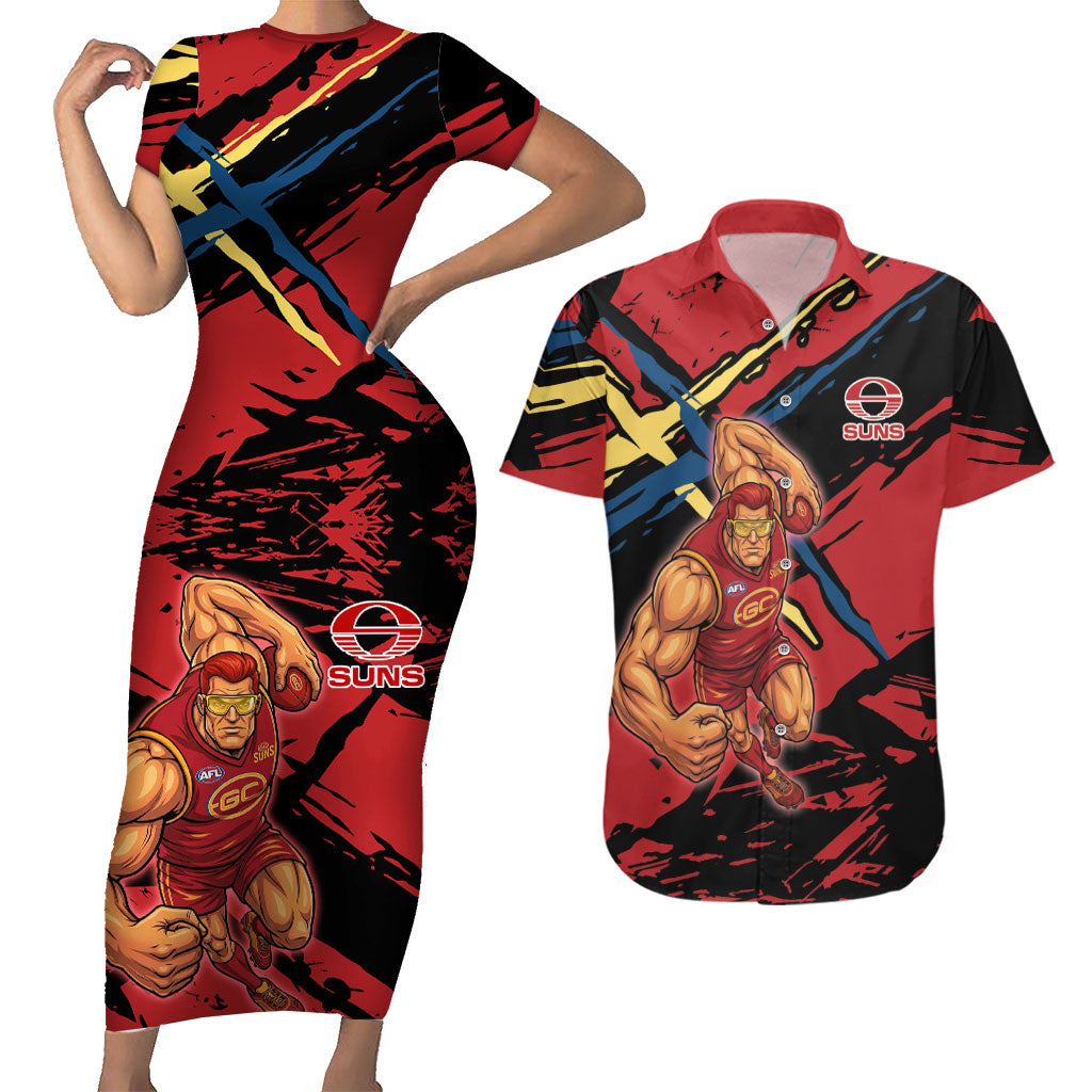 Gold Coast Suns Couples Matching Short Sleeve Bodycon Dress and Hawaiian Shirt Suns Muscular Mascot Graphic - Abstract Paint Splatter Art