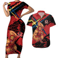 Gold Coast Suns Couples Matching Short Sleeve Bodycon Dress and Hawaiian Shirt Suns Muscular Mascot Graphic - Abstract Paint Splatter Art