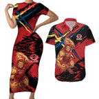 Gold Coast Suns Couples Matching Short Sleeve Bodycon Dress and Hawaiian Shirt Suns Muscular Mascot Graphic - Abstract Paint Splatter Art