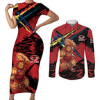 Gold Coast Suns Couples Matching Short Sleeve Bodycon Dress and Long Sleeve Button Shirt Suns Muscular Mascot Graphic - Abstract Paint Splatter Art