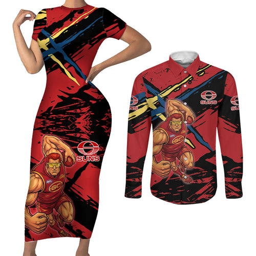Gold Coast Suns Couples Matching Short Sleeve Bodycon Dress and Long Sleeve Button Shirt Suns Muscular Mascot Graphic - Abstract Paint Splatter Art