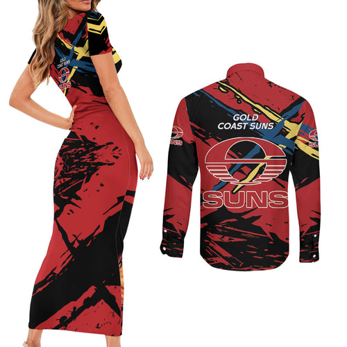Gold Coast Suns Couples Matching Short Sleeve Bodycon Dress and Long Sleeve Button Shirt Suns Muscular Mascot Graphic - Abstract Paint Splatter Art