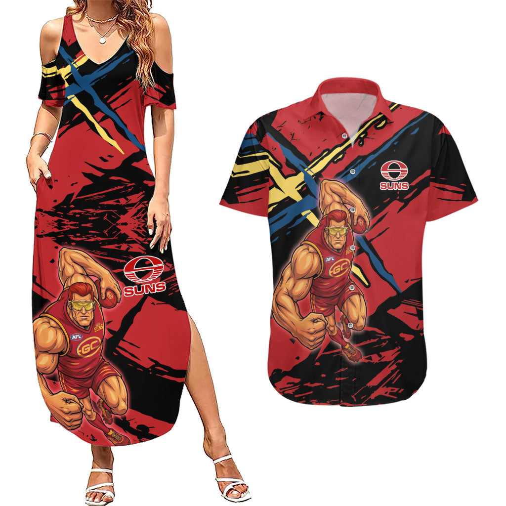 Gold Coast Suns Couples Matching Summer Maxi Dress and Hawaiian Shirt Suns Muscular Mascot Graphic - Abstract Paint Splatter Art