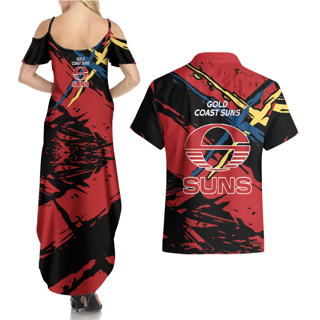 Gold Coast Suns Couples Matching Summer Maxi Dress and Hawaiian Shirt Suns Muscular Mascot Graphic - Abstract Paint Splatter Art