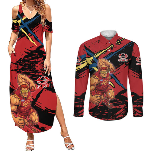 Gold Coast Suns Couples Matching Summer Maxi Dress and Long Sleeve Button Shirt Suns Muscular Mascot Graphic - Abstract Paint Splatter Art