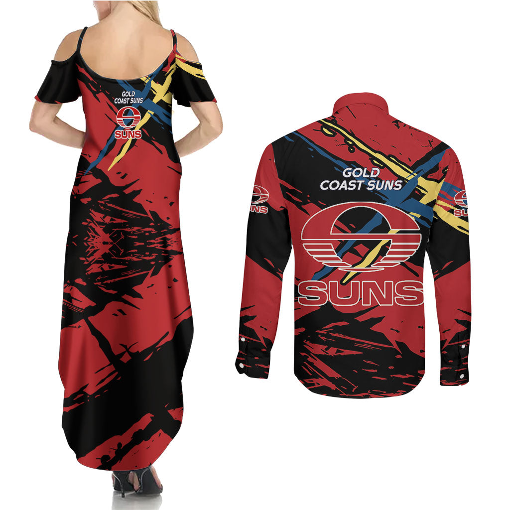 Gold Coast Suns Couples Matching Summer Maxi Dress and Long Sleeve Button Shirt Suns Muscular Mascot Graphic - Abstract Paint Splatter Art