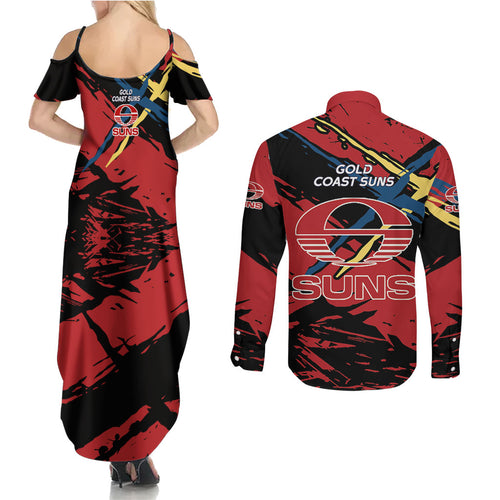 Gold Coast Suns Couples Matching Summer Maxi Dress and Long Sleeve Button Shirt Suns Muscular Mascot Graphic - Abstract Paint Splatter Art