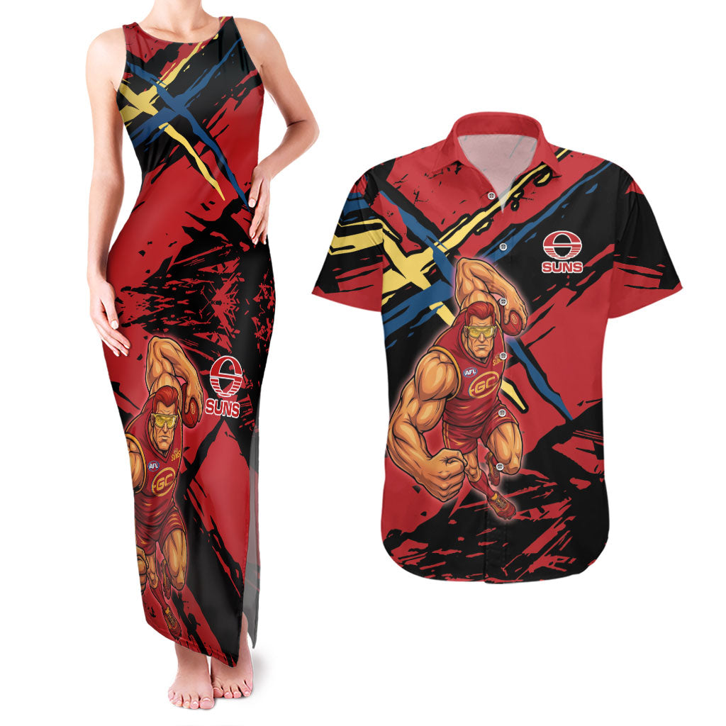 Gold Coast Suns Couples Matching Tank Maxi Dress and Hawaiian Shirt Suns Muscular Mascot Graphic - Abstract Paint Splatter Art