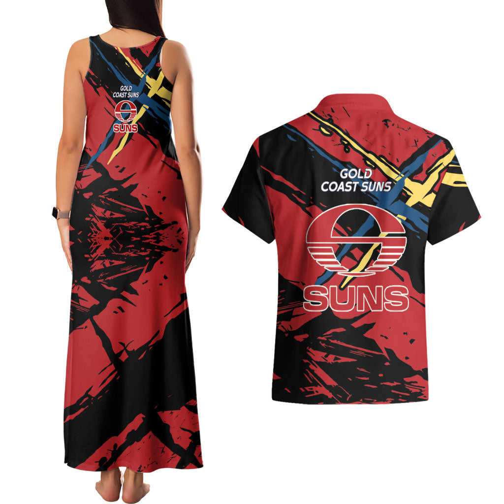 Gold Coast Suns Couples Matching Tank Maxi Dress and Hawaiian Shirt Suns Muscular Mascot Graphic - Abstract Paint Splatter Art