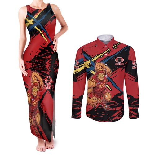 Gold Coast Suns Couples Matching Tank Maxi Dress and Long Sleeve Button Shirt Suns Muscular Mascot Graphic - Abstract Paint Splatter Art