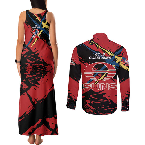 Gold Coast Suns Couples Matching Tank Maxi Dress and Long Sleeve Button Shirt Suns Muscular Mascot Graphic - Abstract Paint Splatter Art