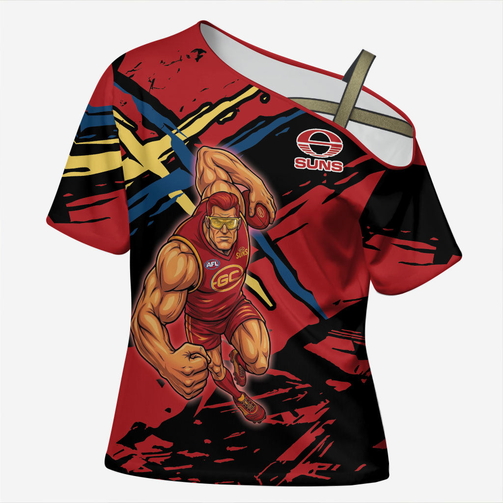 Gold Coast Suns Cross Shoulder Shirt Suns Muscular Mascot Graphic - Abstract Paint Splatter Art